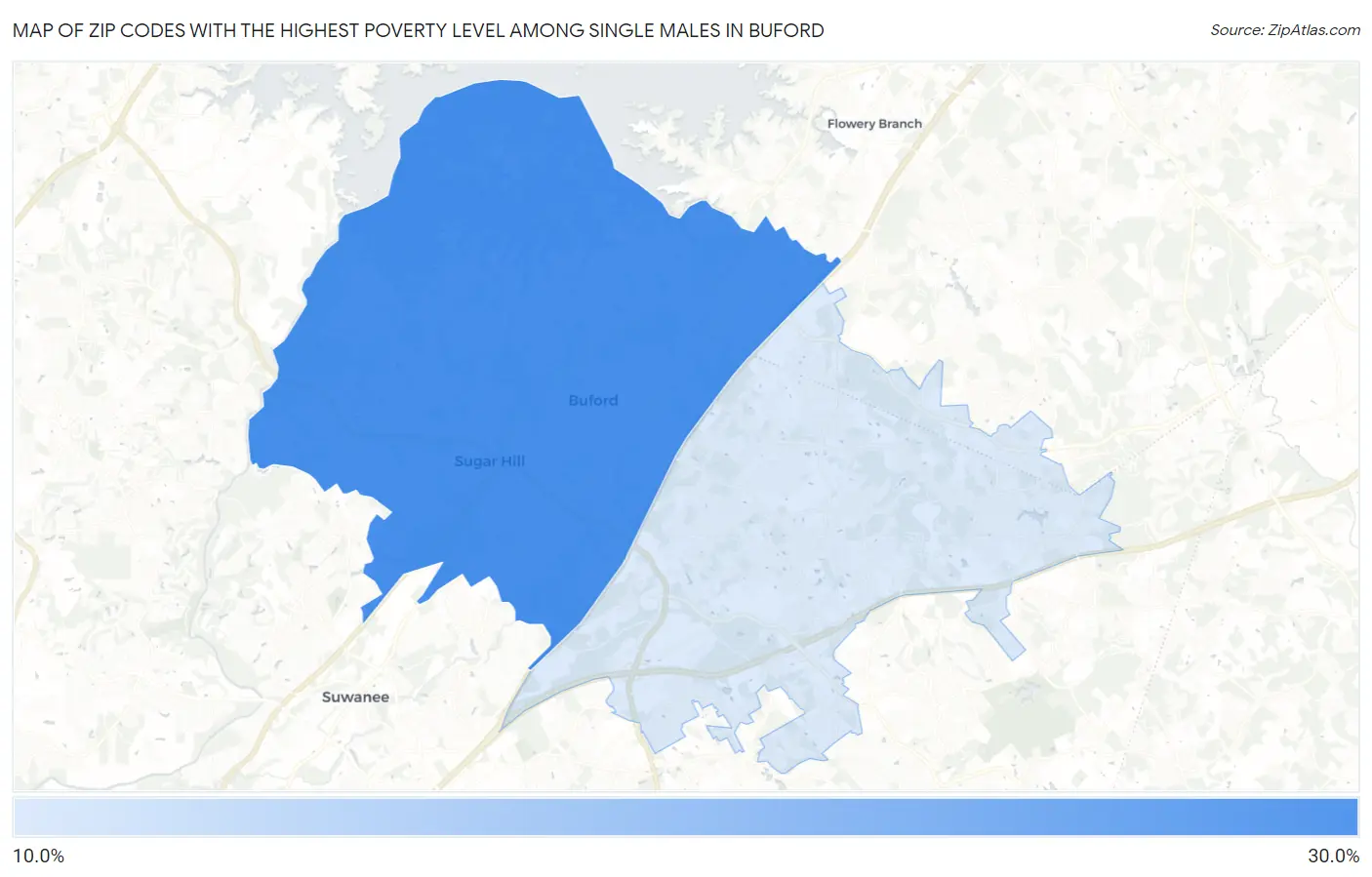Zip Codes with the Highest Poverty Level Among Single Males in Buford Map