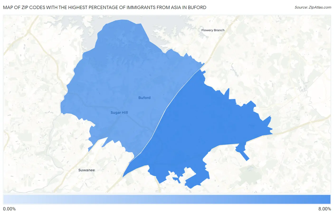 Zip Codes with the Highest Percentage of Immigrants from Asia in Buford Map