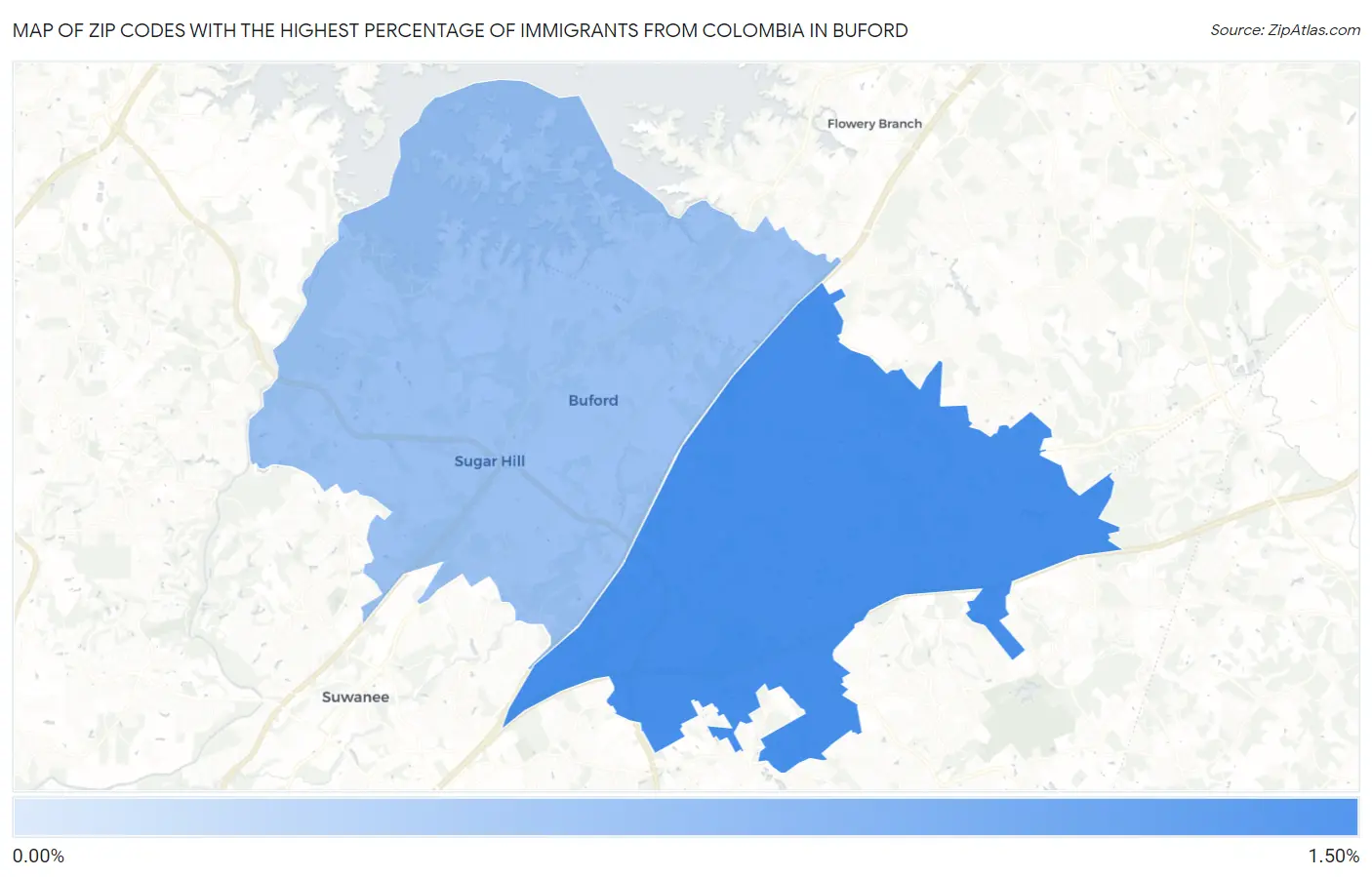 Zip Codes with the Highest Percentage of Immigrants from Colombia in Buford Map