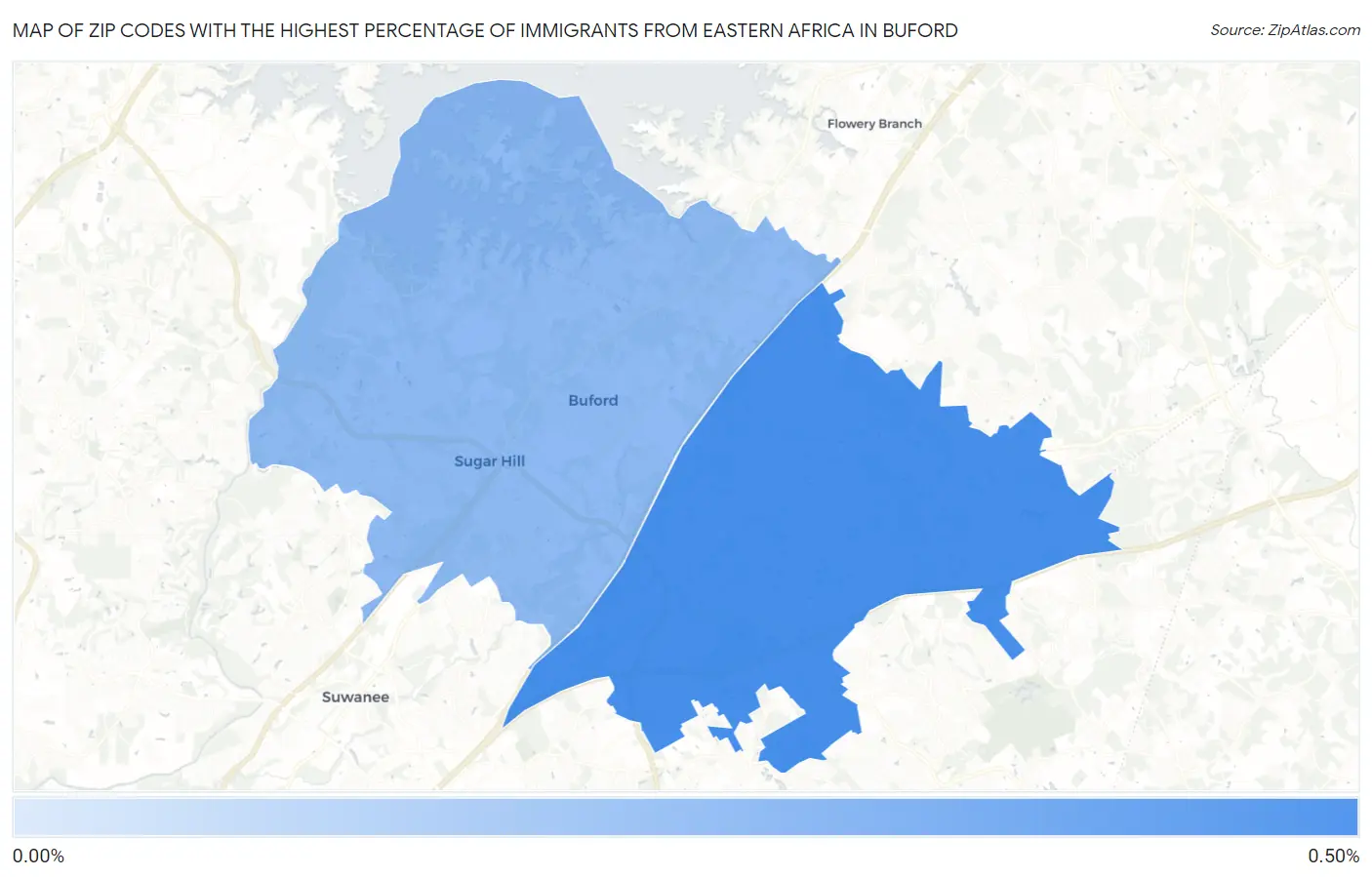 Zip Codes with the Highest Percentage of Immigrants from Eastern Africa in Buford Map