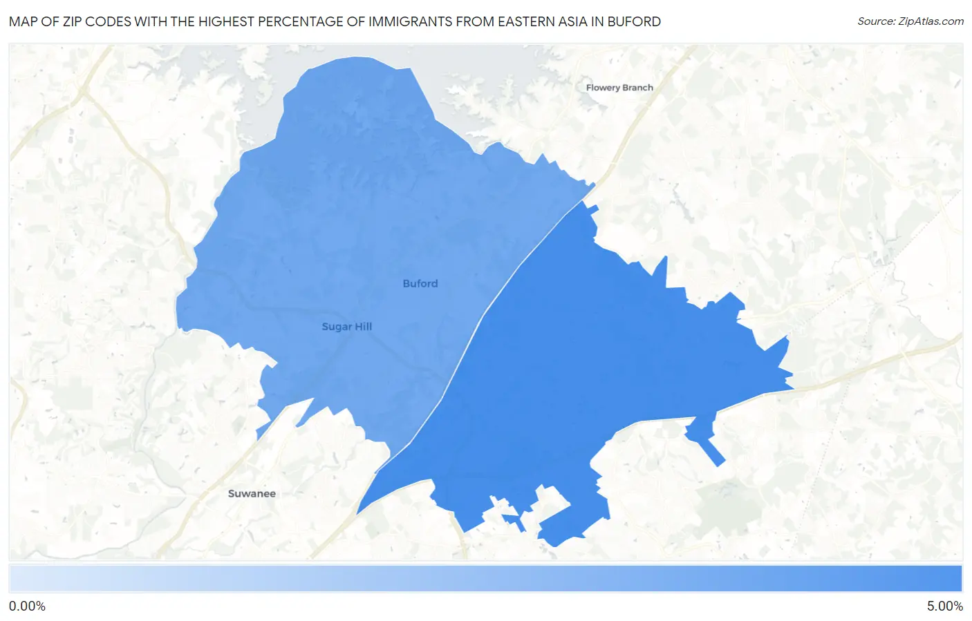 Zip Codes with the Highest Percentage of Immigrants from Eastern Asia in Buford Map