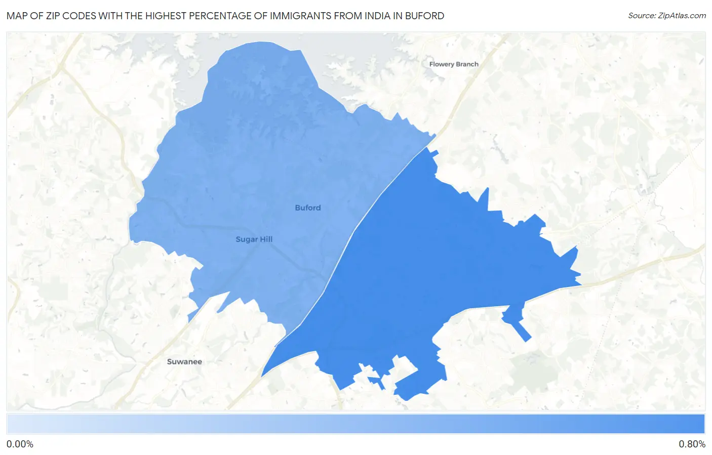 Zip Codes with the Highest Percentage of Immigrants from India in Buford Map