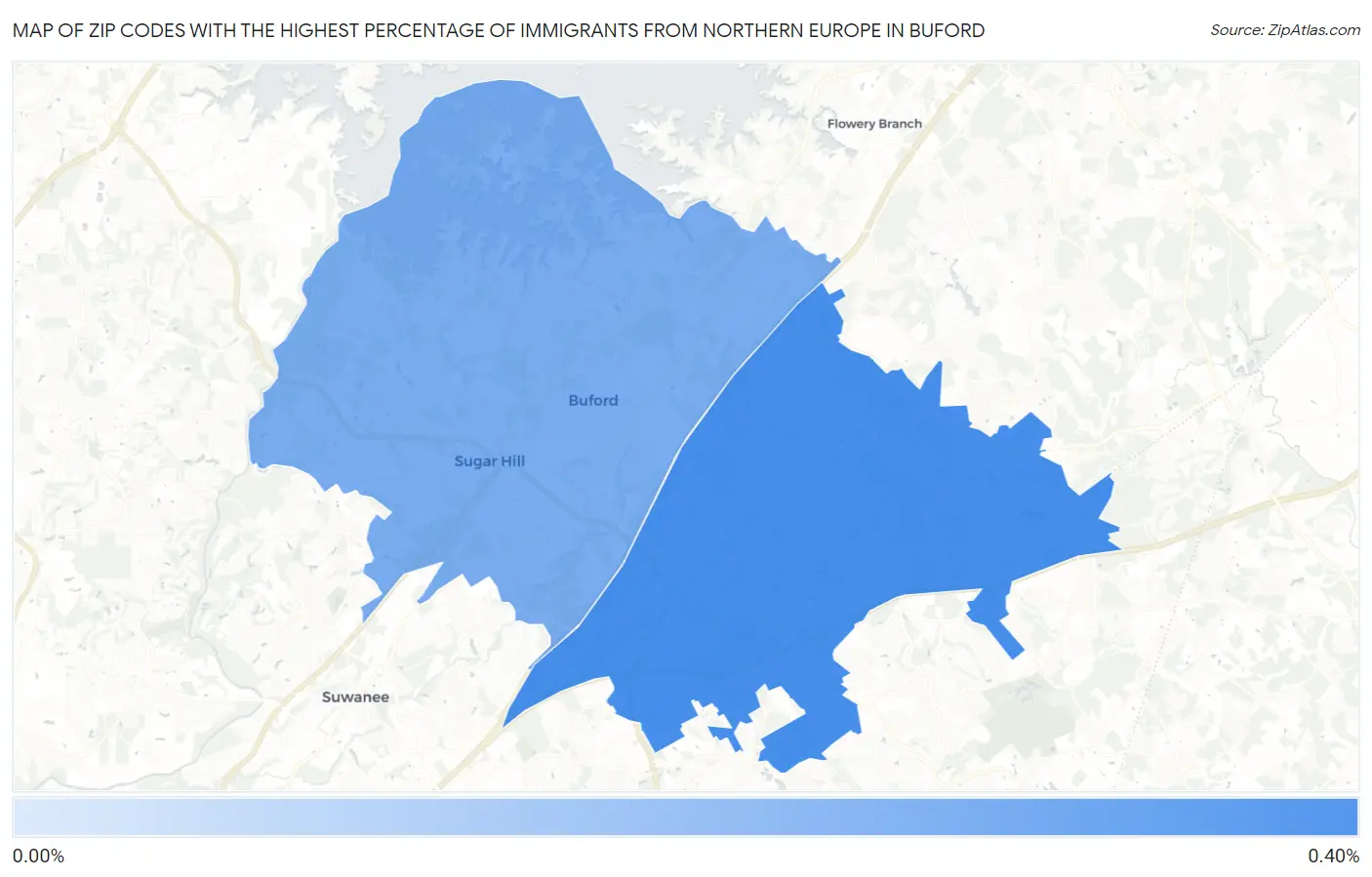 Zip Codes with the Highest Percentage of Immigrants from Northern Europe in Buford Map