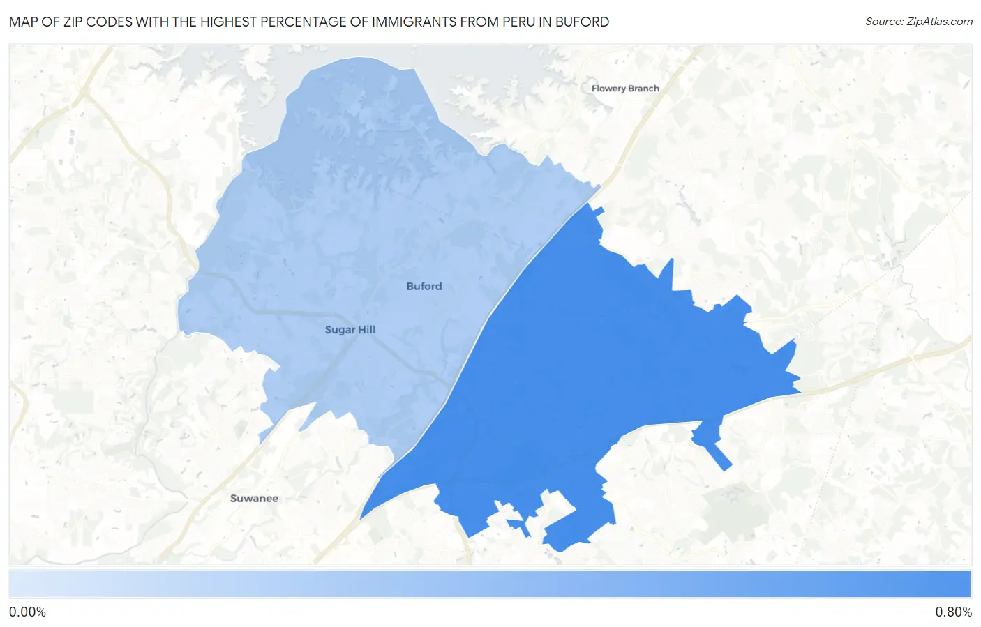 Zip Codes with the Highest Percentage of Immigrants from Peru in Buford Map