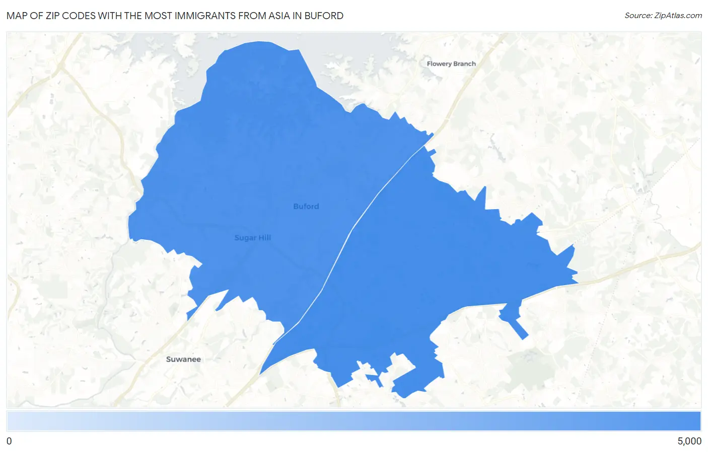 Zip Codes with the Most Immigrants from Asia in Buford Map