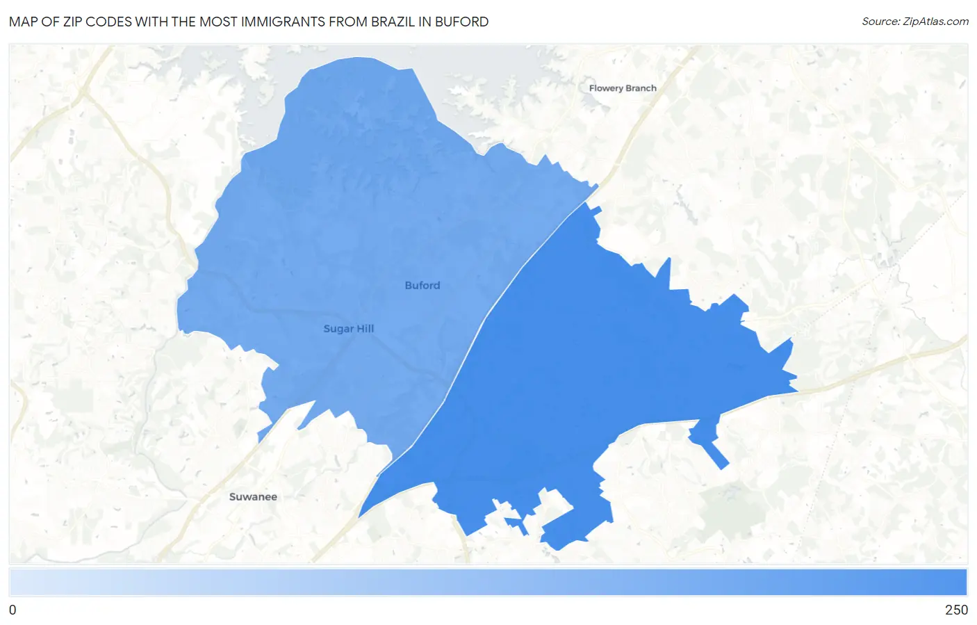 Zip Codes with the Most Immigrants from Brazil in Buford Map
