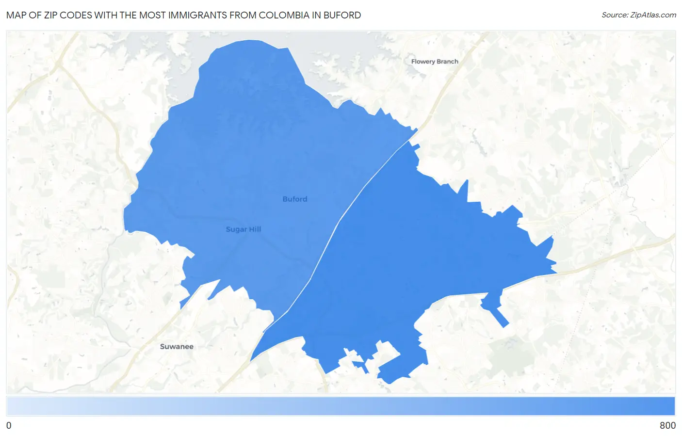 Zip Codes with the Most Immigrants from Colombia in Buford Map