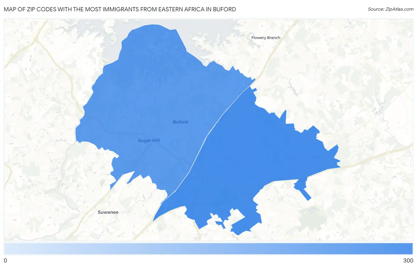 Zip Codes with the Most Immigrants from Eastern Africa in Buford Map