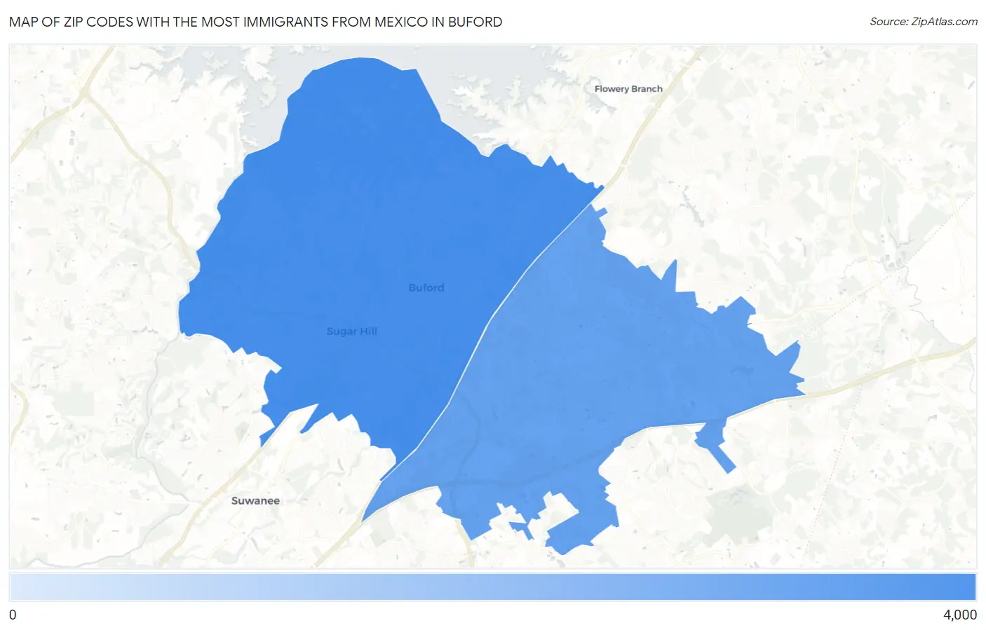 Zip Codes with the Most Immigrants from Mexico in Buford Map