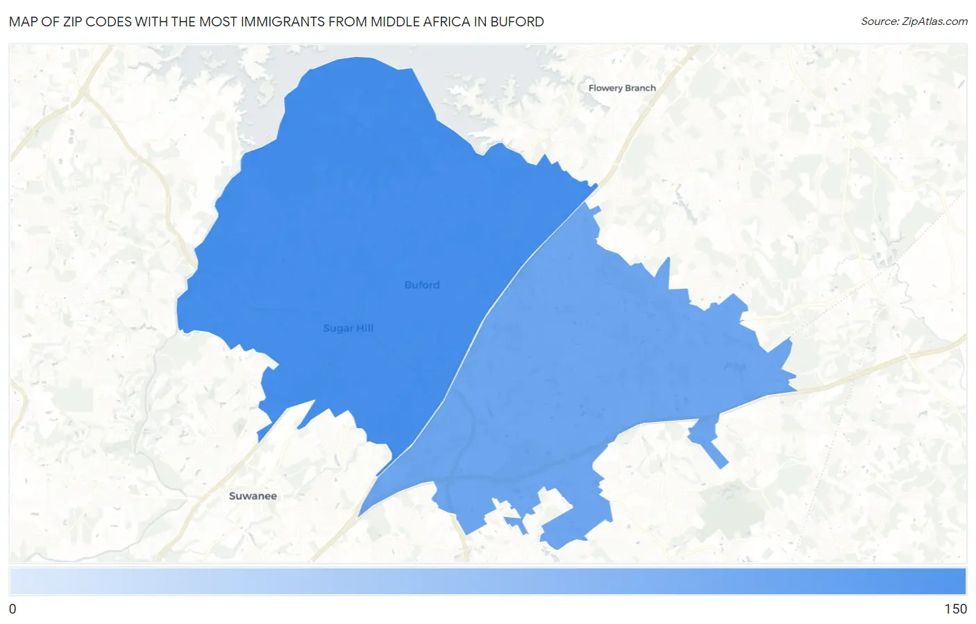 Zip Codes with the Most Immigrants from Middle Africa in Buford Map