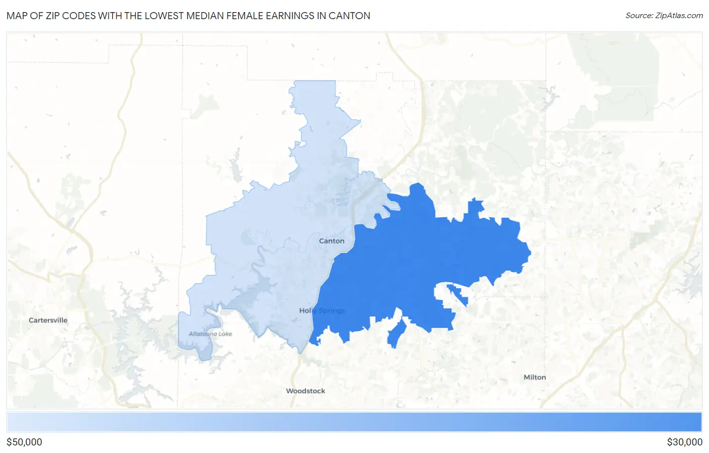 Zip Codes with the Lowest Median Female Earnings in Canton Map