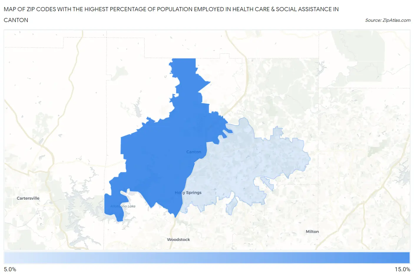 Zip Codes with the Highest Percentage of Population Employed in Health Care & Social Assistance in Canton Map