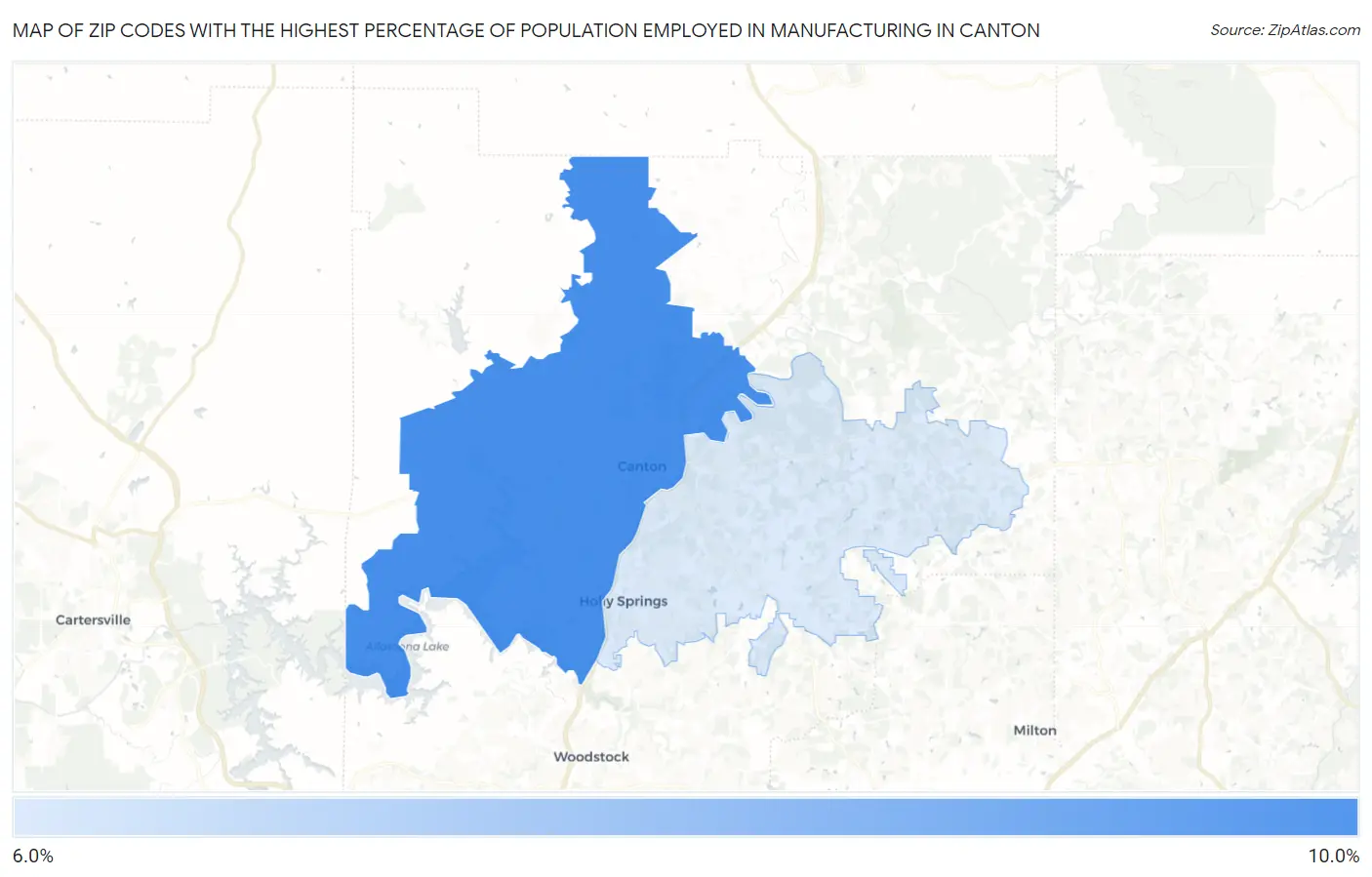 Zip Codes with the Highest Percentage of Population Employed in Manufacturing in Canton Map