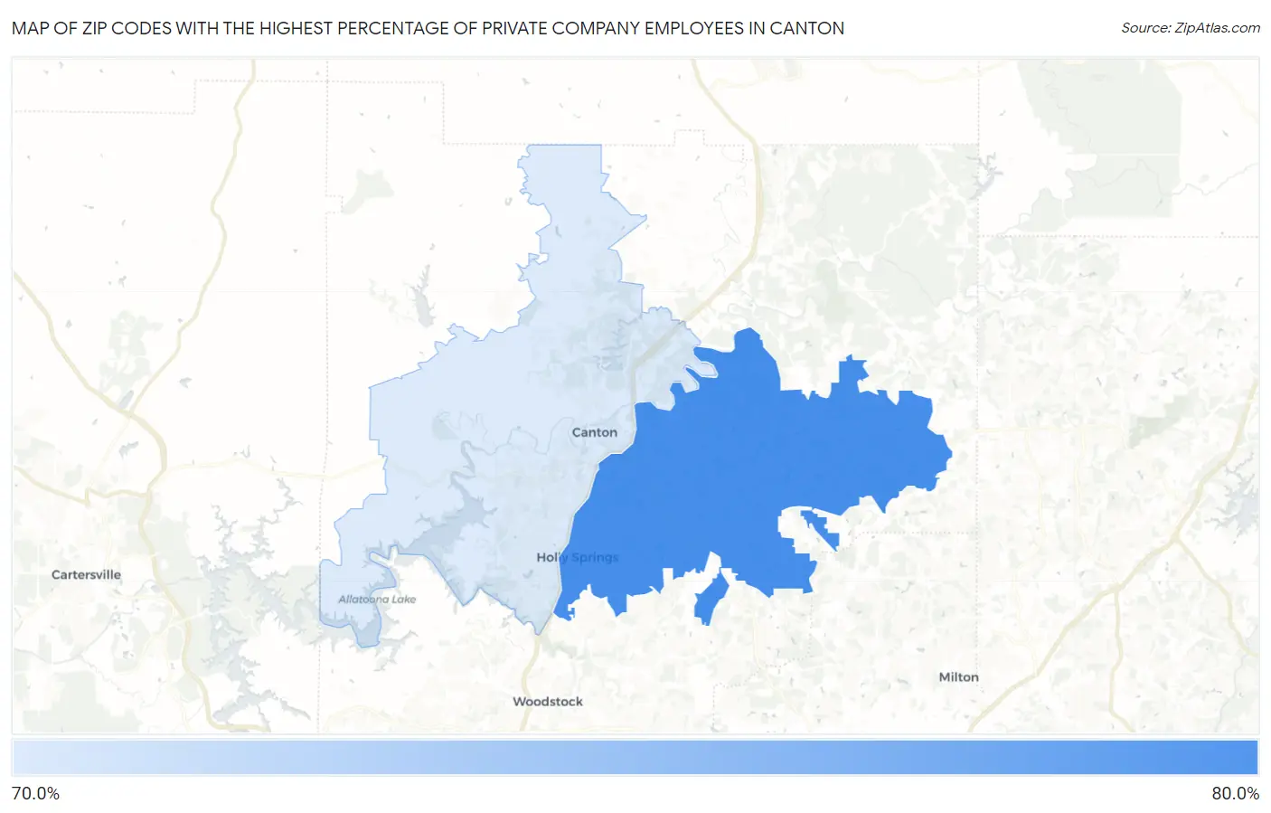 Zip Codes with the Highest Percentage of Private Company Employees in Canton Map