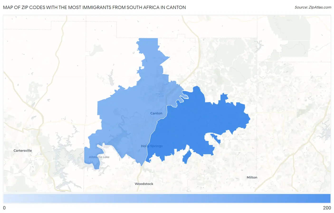 Zip Codes with the Most Immigrants from South Africa in Canton Map
