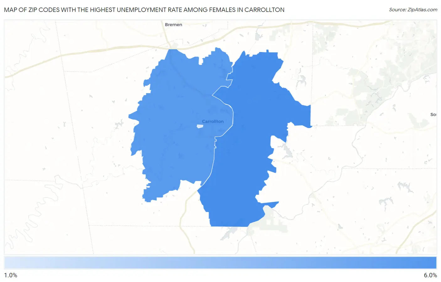 Zip Codes with the Highest Unemployment Rate Among Females in Carrollton Map