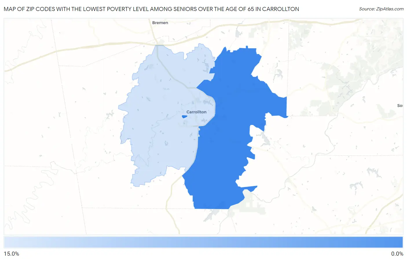 Zip Codes with the Lowest Poverty Level Among Seniors Over the Age of 65 in Carrollton Map