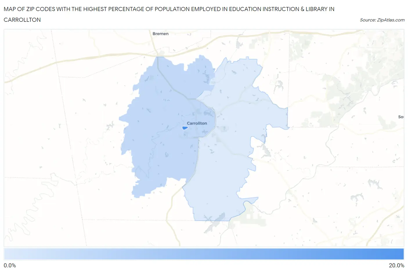 Zip Codes with the Highest Percentage of Population Employed in Education Instruction & Library in Carrollton Map