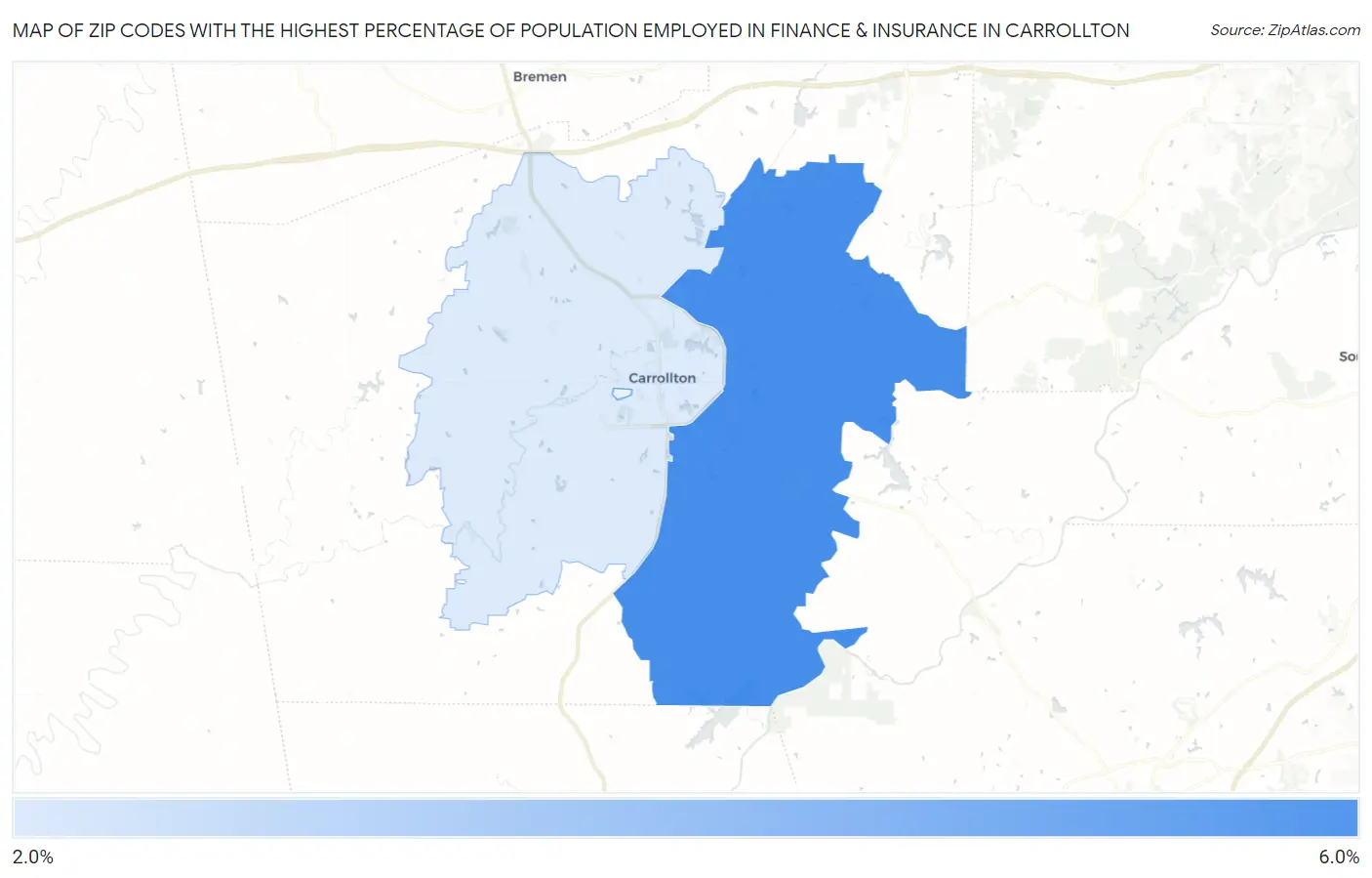 Zip Codes with the Highest Percentage of Population Employed in Finance & Insurance in Carrollton Map