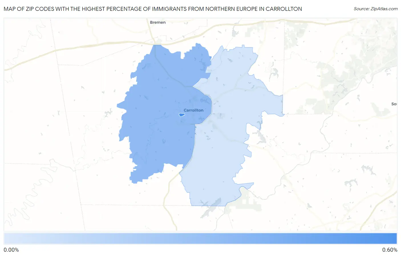 Zip Codes with the Highest Percentage of Immigrants from Northern Europe in Carrollton Map