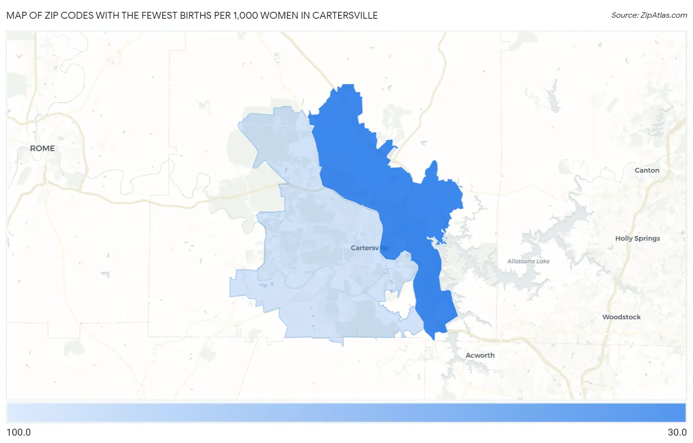 Zip Codes with the Fewest Births per 1,000 Women in Cartersville Map