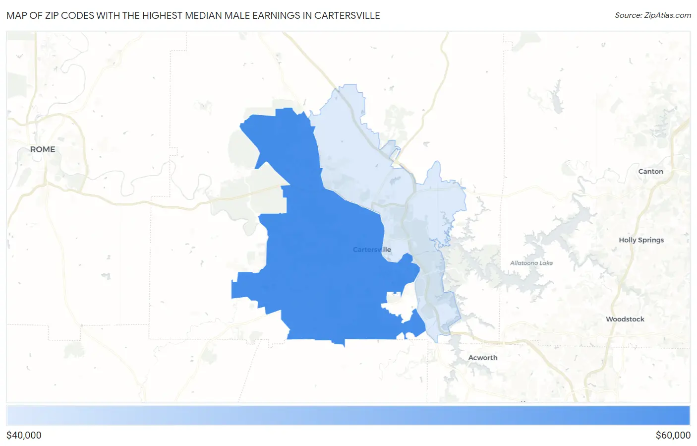 Zip Codes with the Highest Median Male Earnings in Cartersville Map