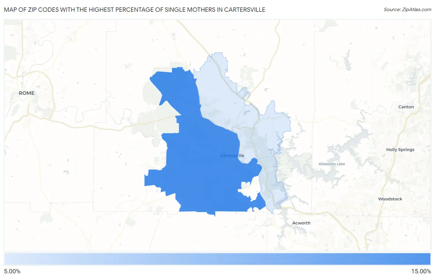 Zip Codes with the Highest Percentage of Single Mothers in Cartersville Map
