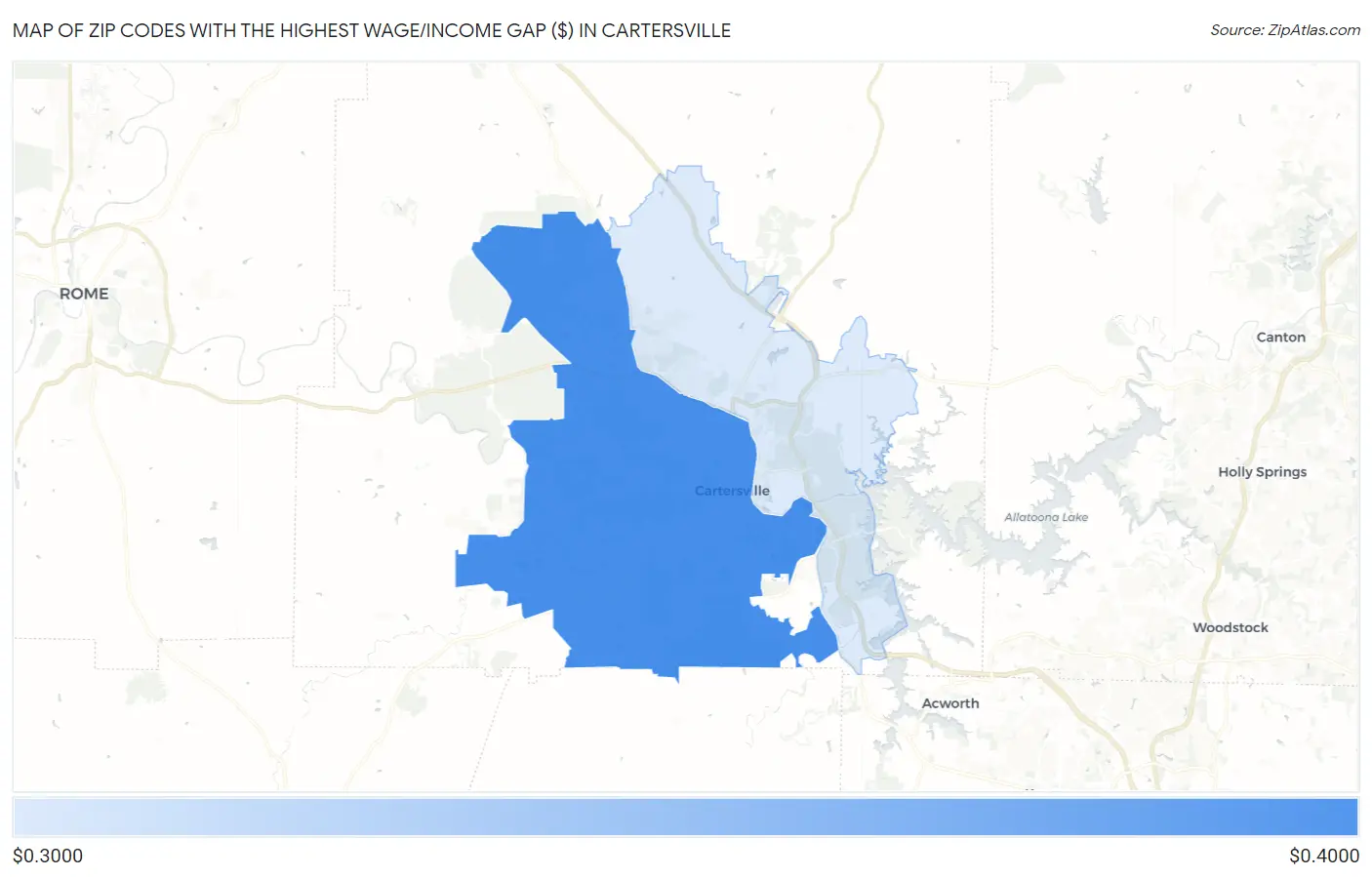 Zip Codes with the Highest Wage/Income Gap ($) in Cartersville Map