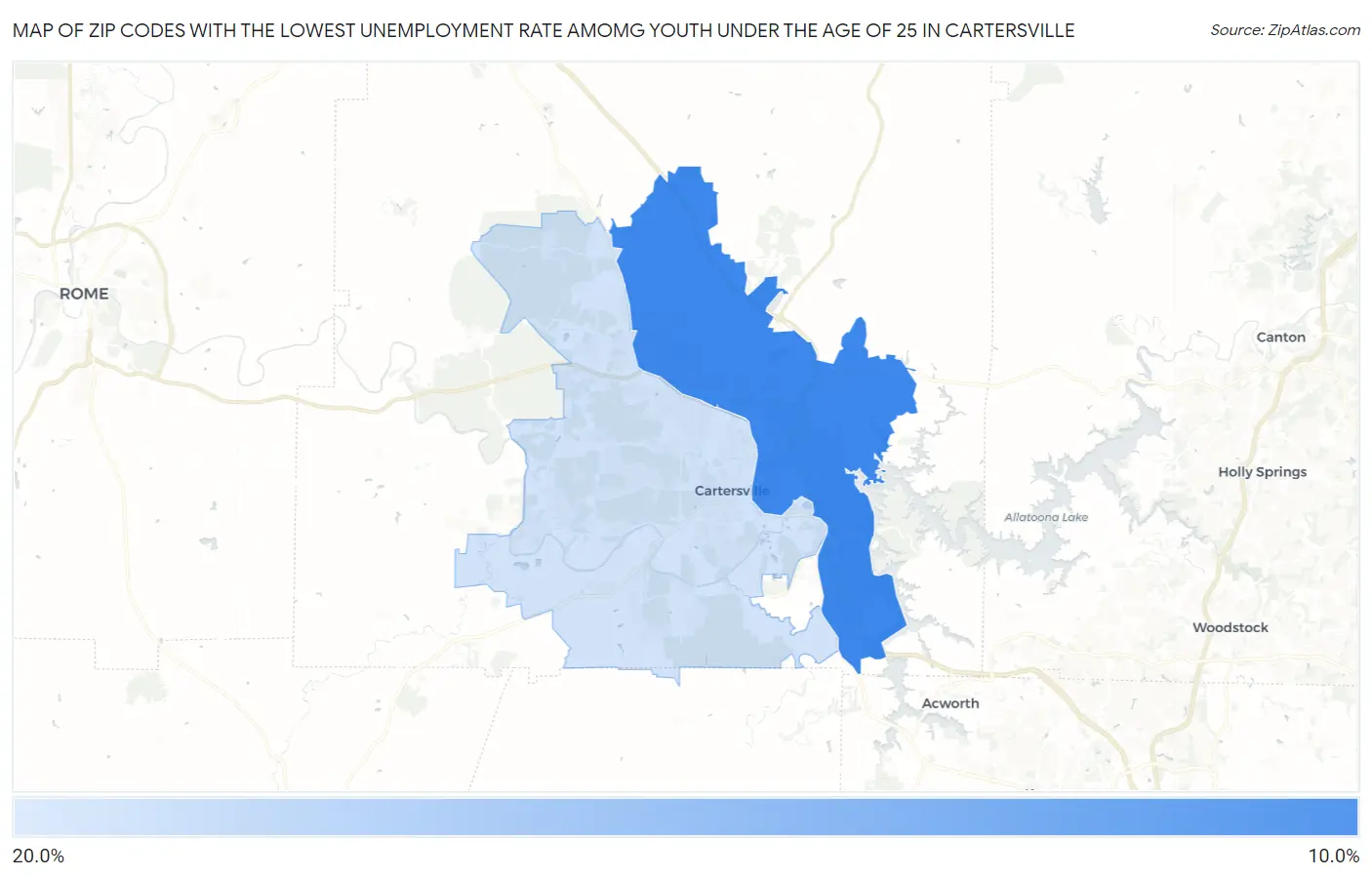 Zip Codes with the Lowest Unemployment Rate Amomg Youth Under the Age of 25 in Cartersville Map