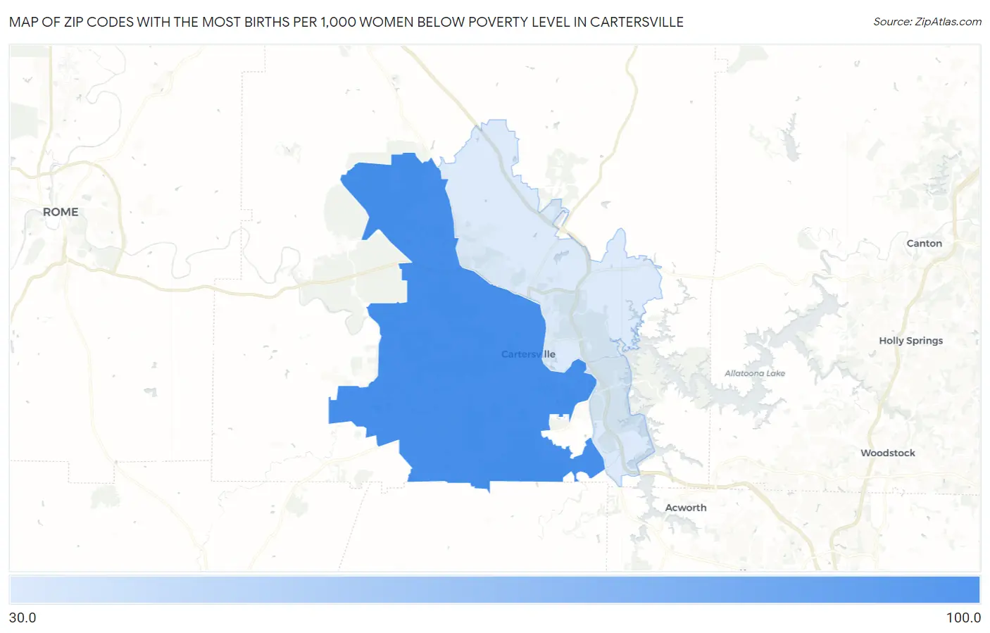 Zip Codes with the Most Births per 1,000 Women Below Poverty Level in Cartersville Map