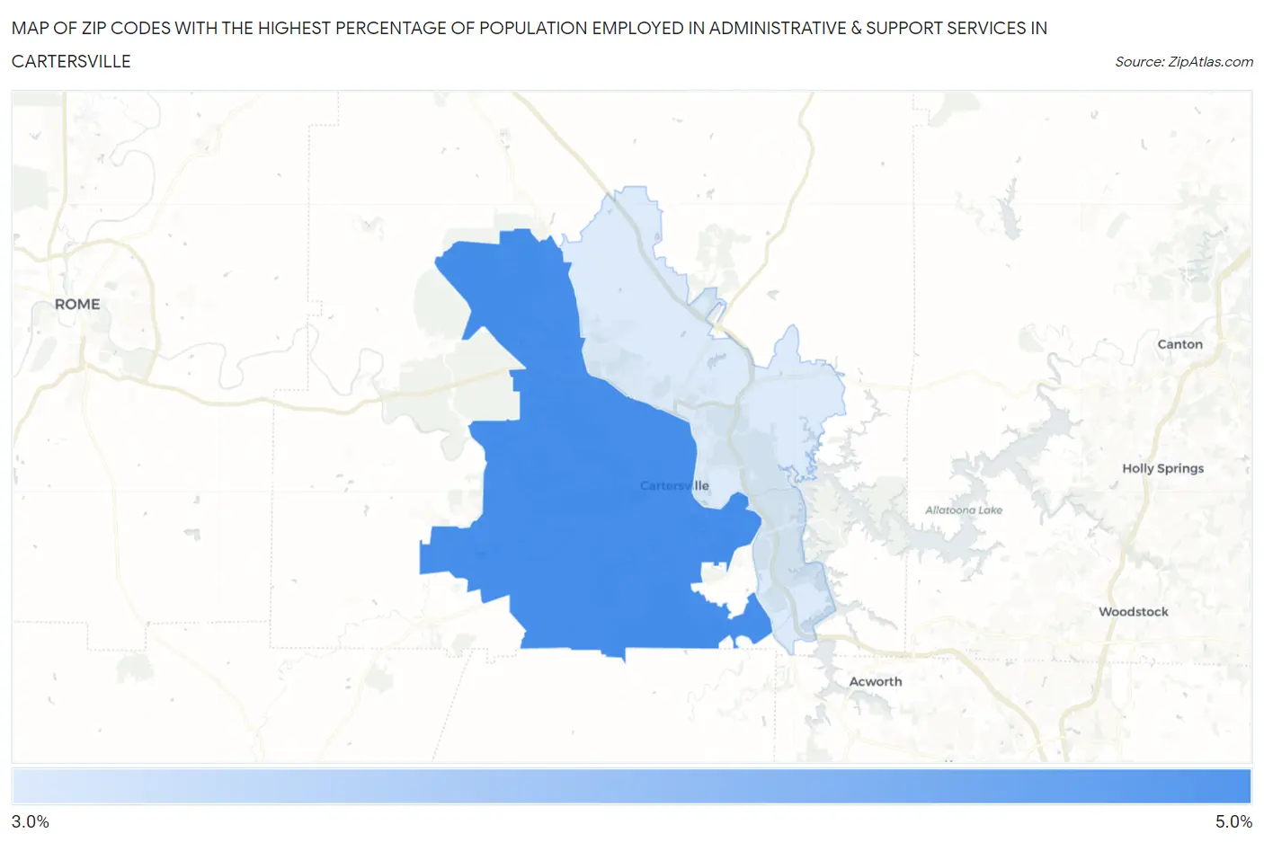 Zip Codes with the Highest Percentage of Population Employed in Administrative & Support Services in Cartersville Map