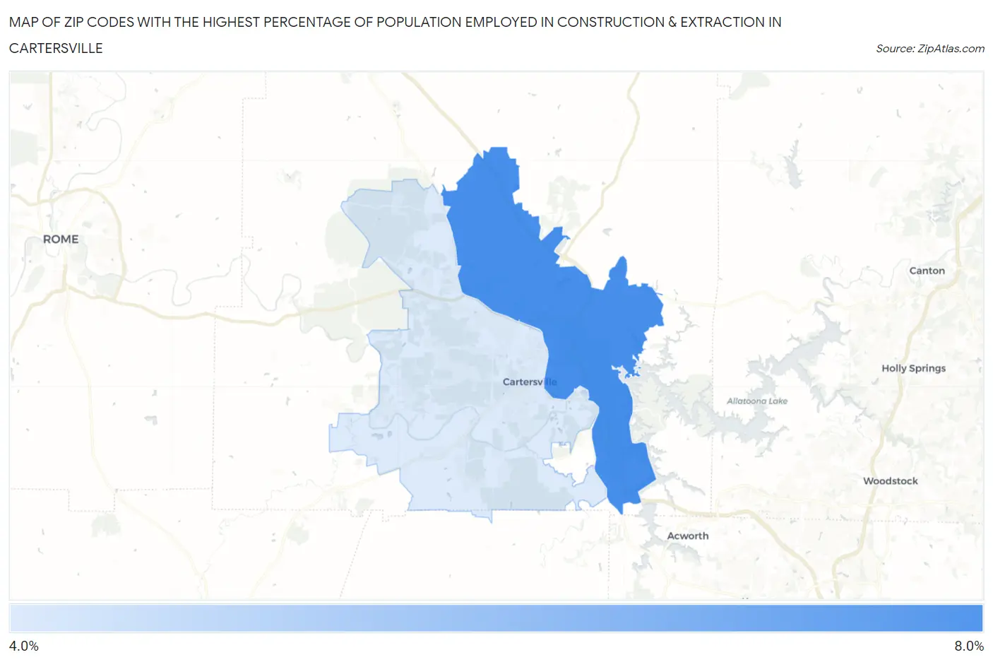 Zip Codes with the Highest Percentage of Population Employed in Construction & Extraction in Cartersville Map