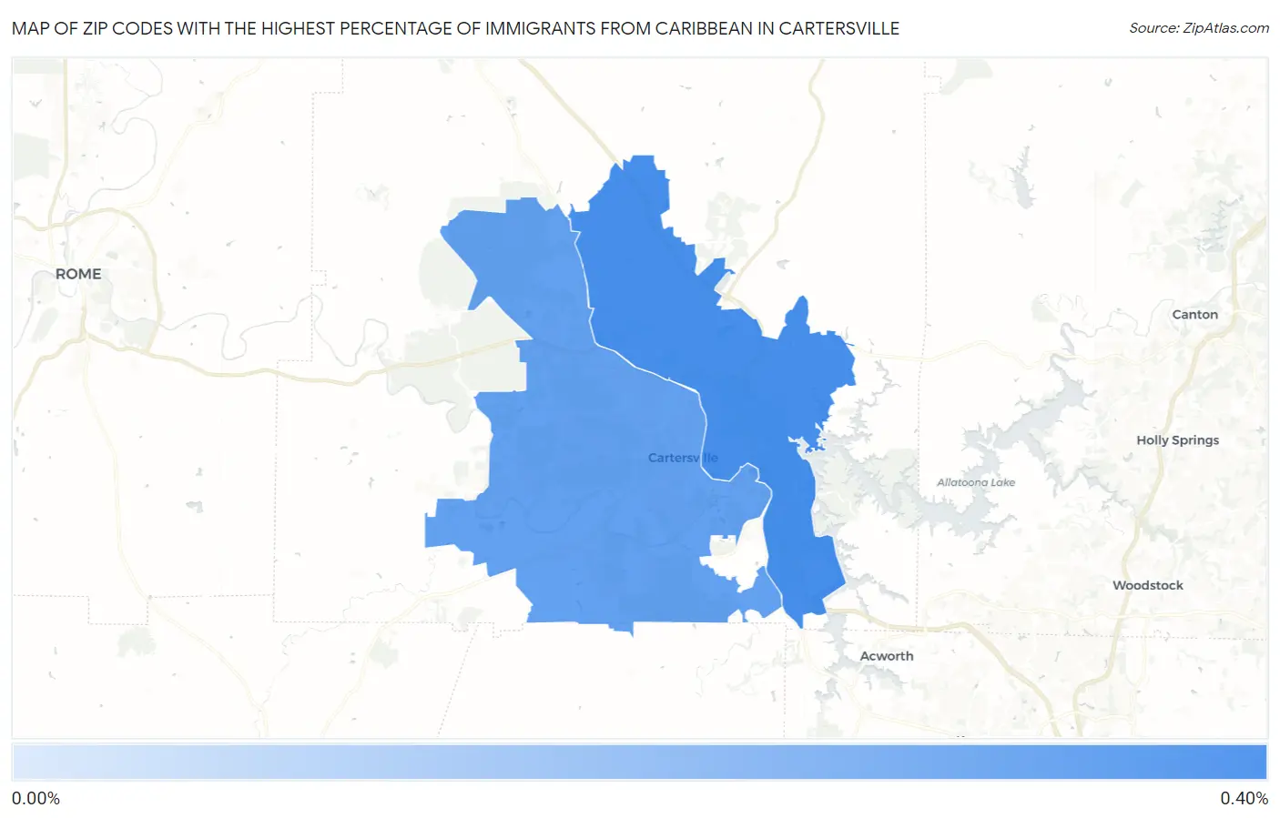 Zip Codes with the Highest Percentage of Immigrants from Caribbean in Cartersville Map