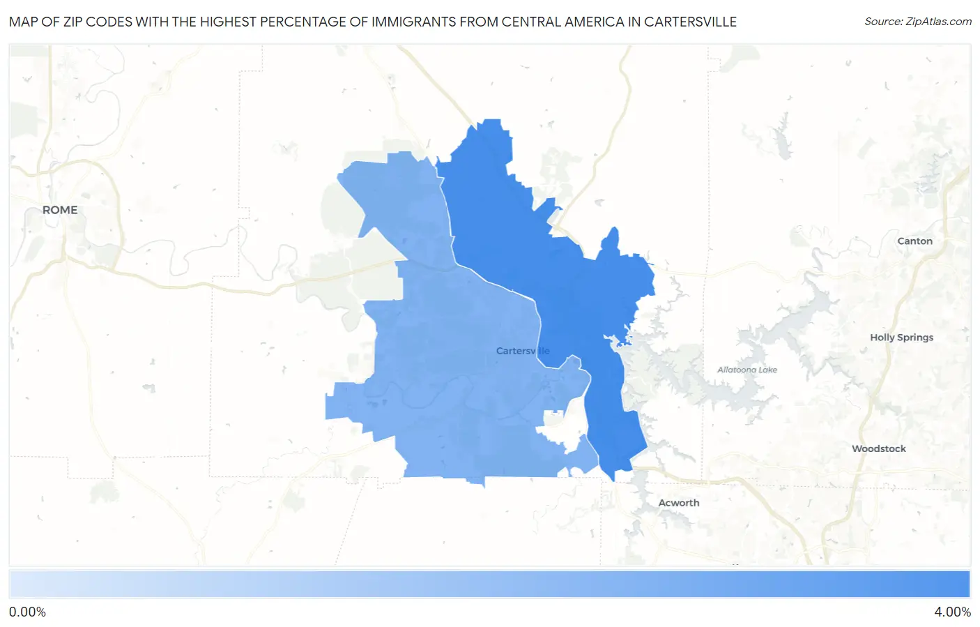 Zip Codes with the Highest Percentage of Immigrants from Central America in Cartersville Map