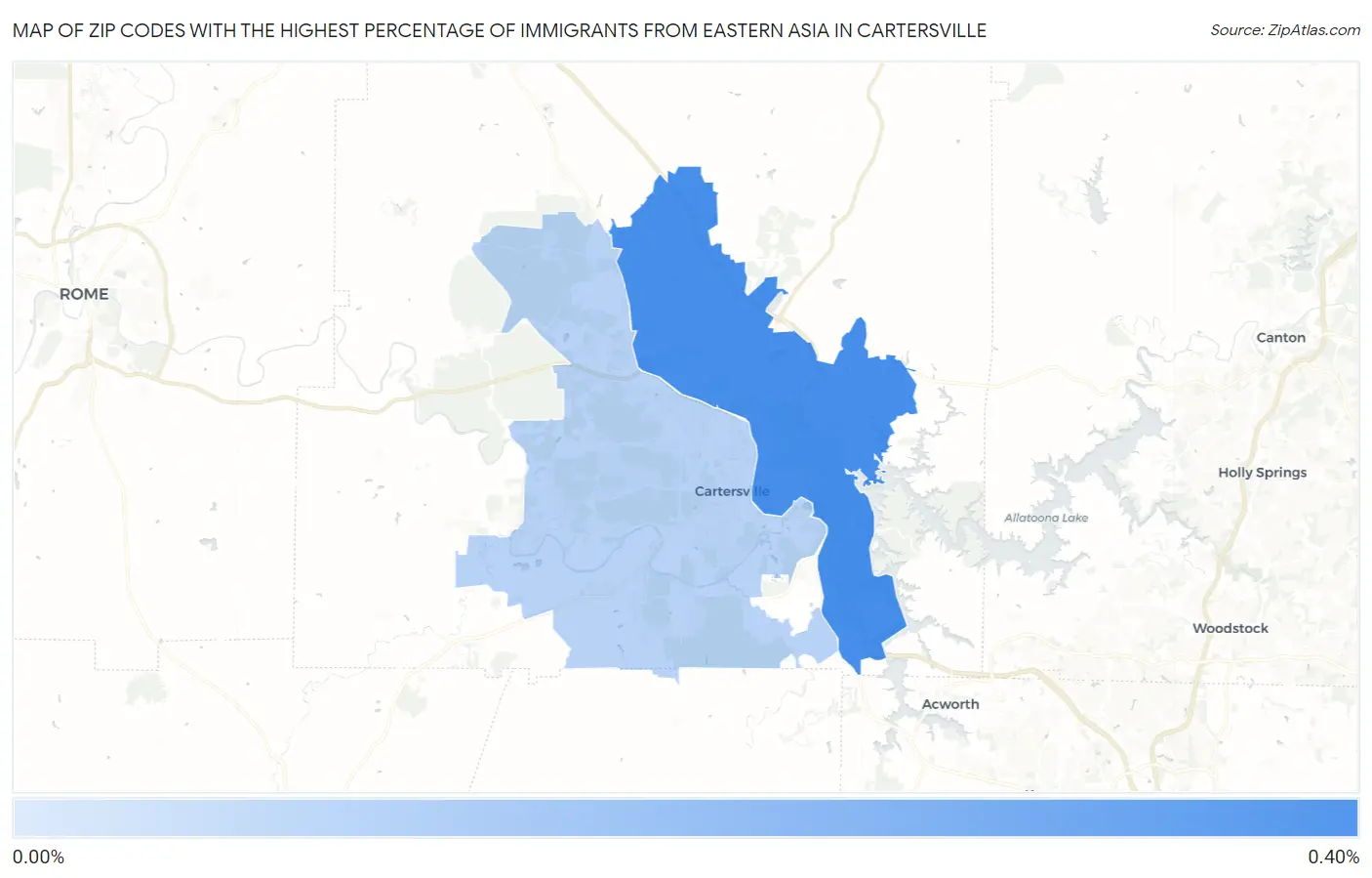Zip Codes with the Highest Percentage of Immigrants from Eastern Asia in Cartersville Map