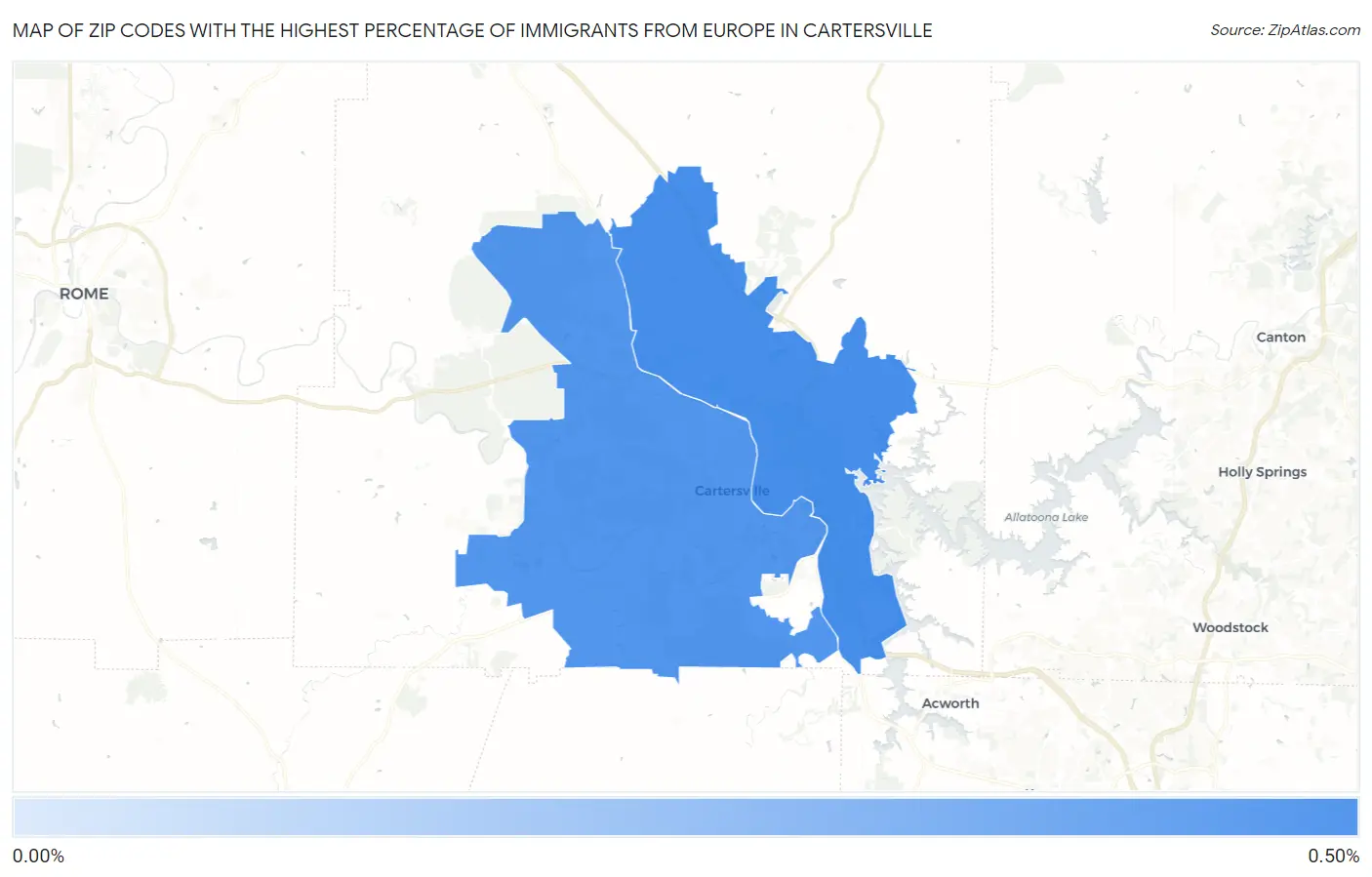 Zip Codes with the Highest Percentage of Immigrants from Europe in Cartersville Map