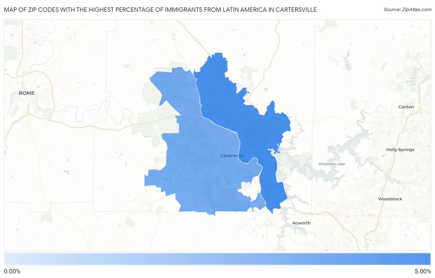 Zip Codes with the Highest Percentage of Immigrants from Latin America in Cartersville Map