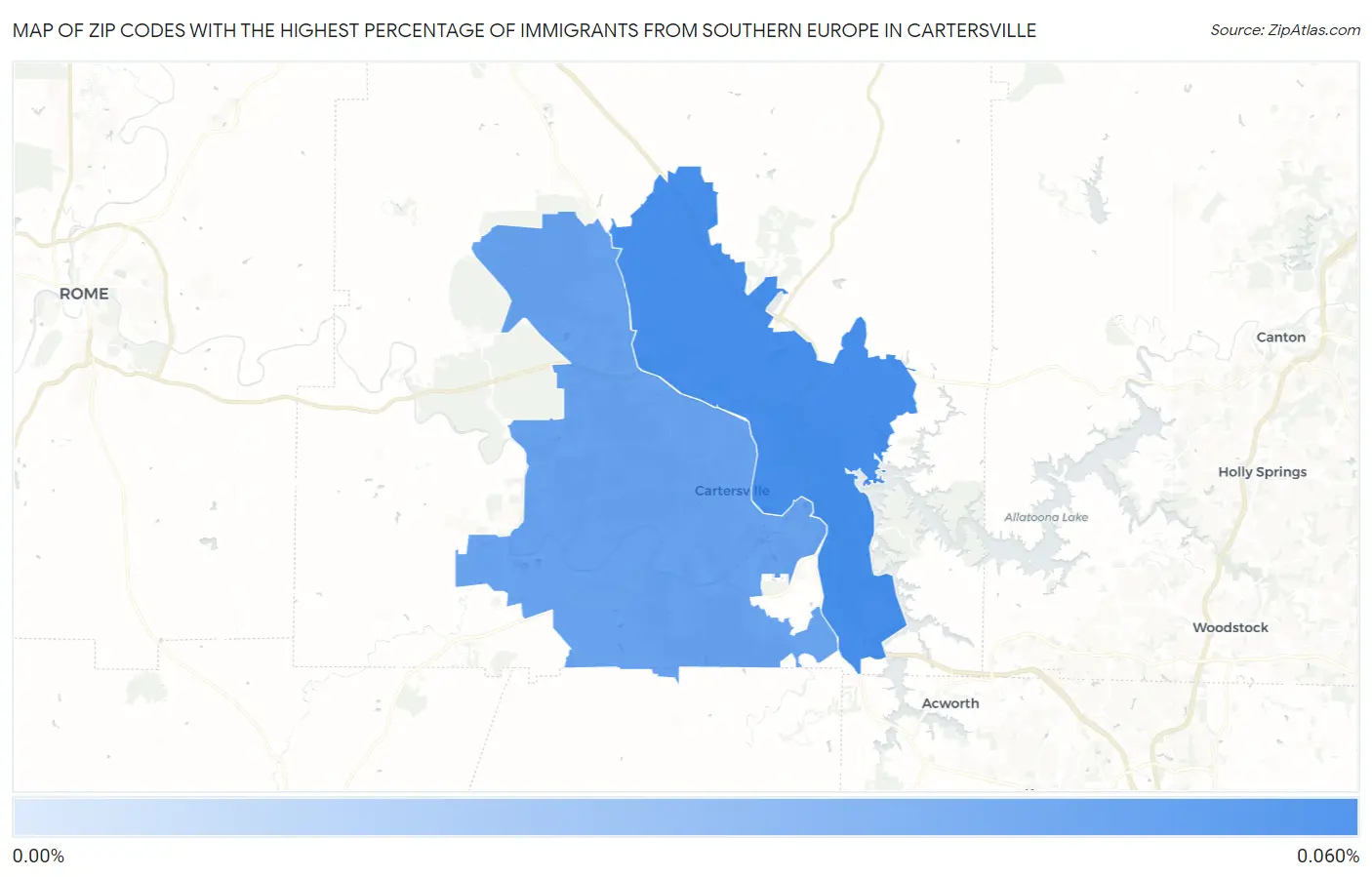 Zip Codes with the Highest Percentage of Immigrants from Southern Europe in Cartersville Map