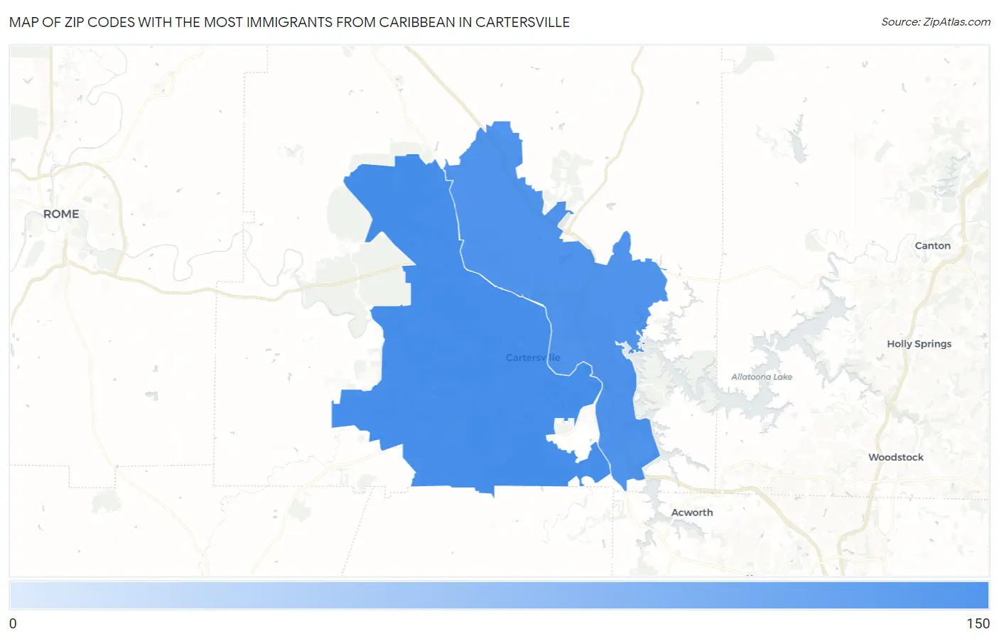 Zip Codes with the Most Immigrants from Caribbean in Cartersville Map