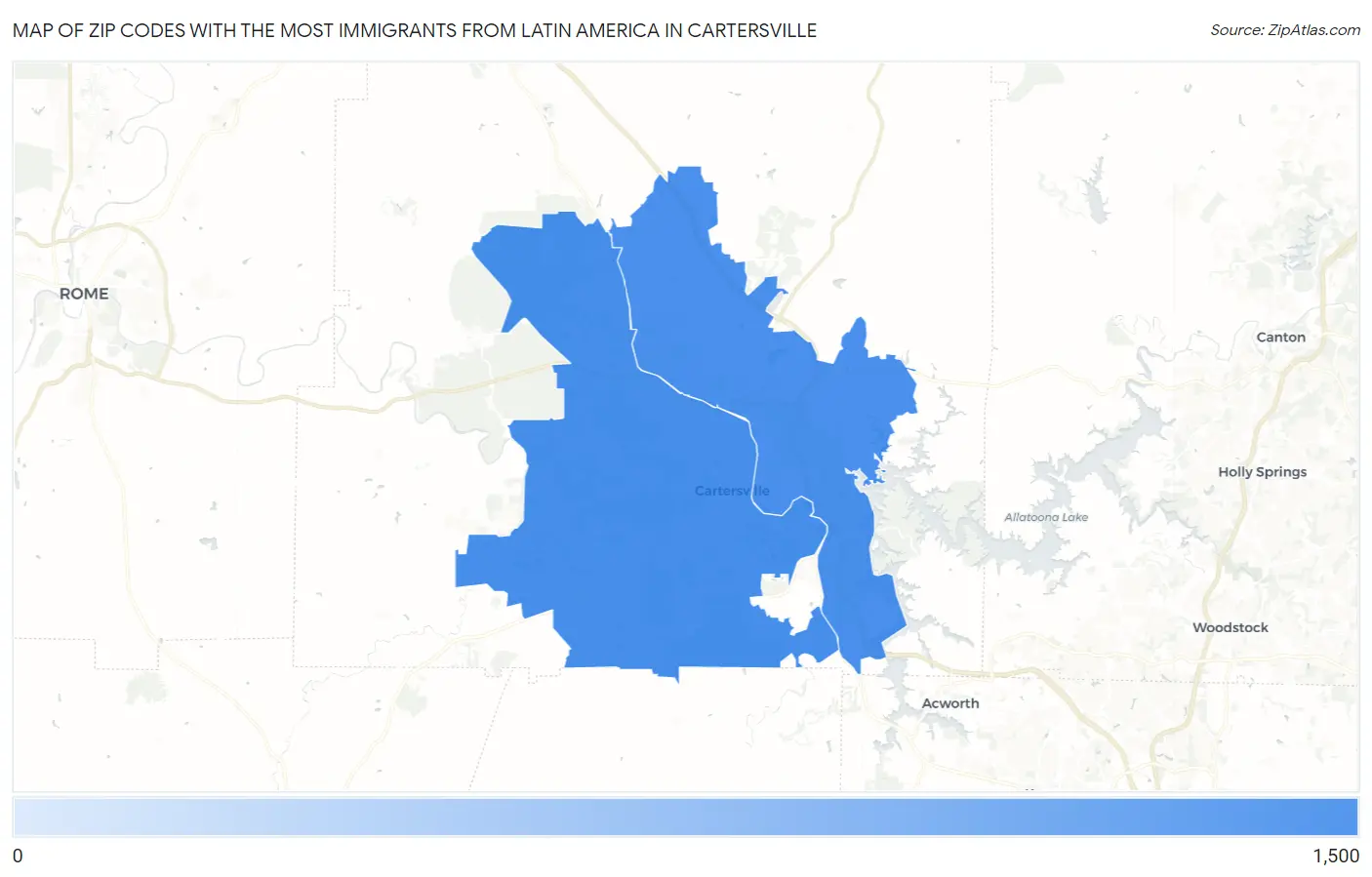 Zip Codes with the Most Immigrants from Latin America in Cartersville Map