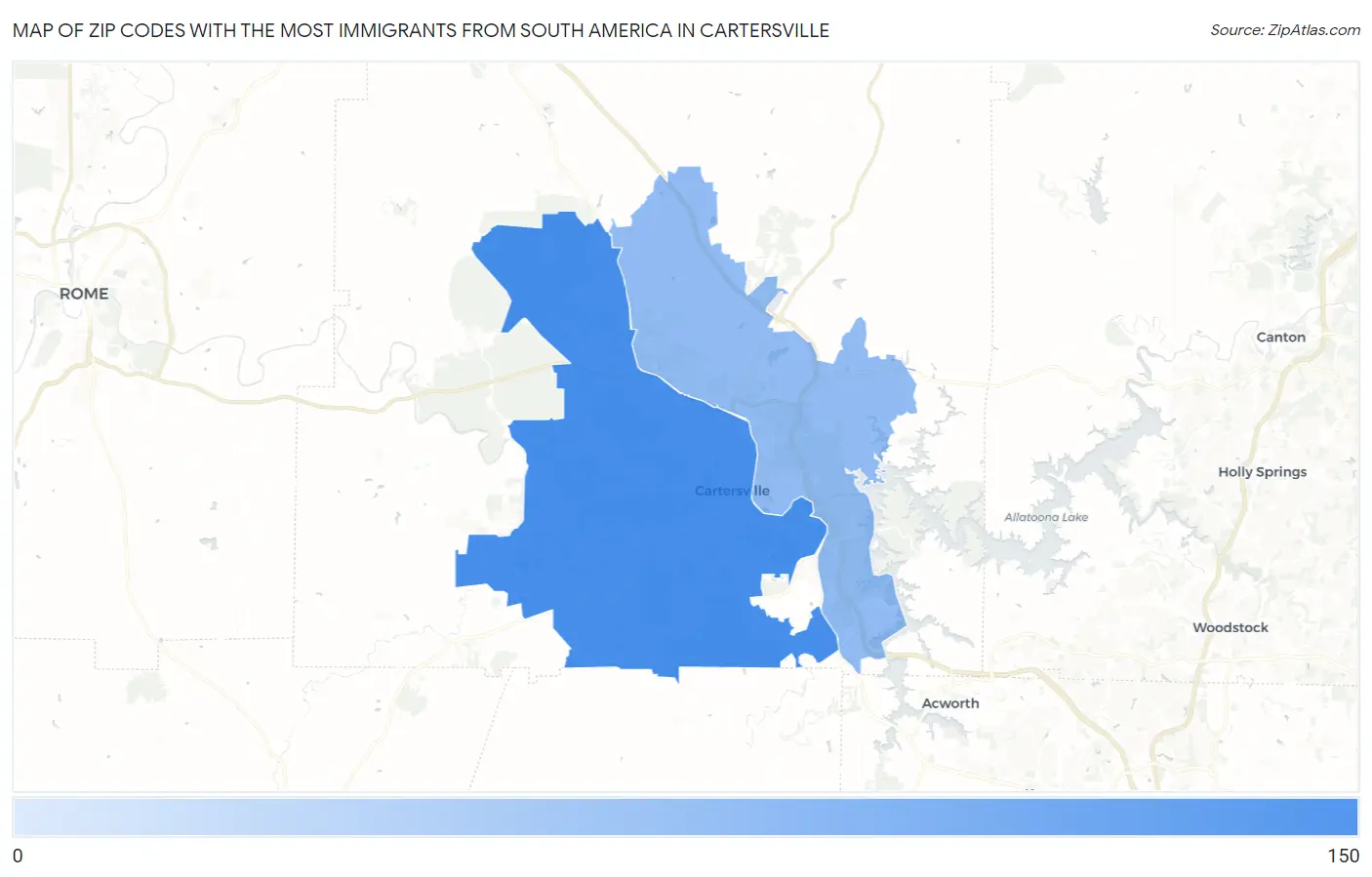 Zip Codes with the Most Immigrants from South America in Cartersville Map