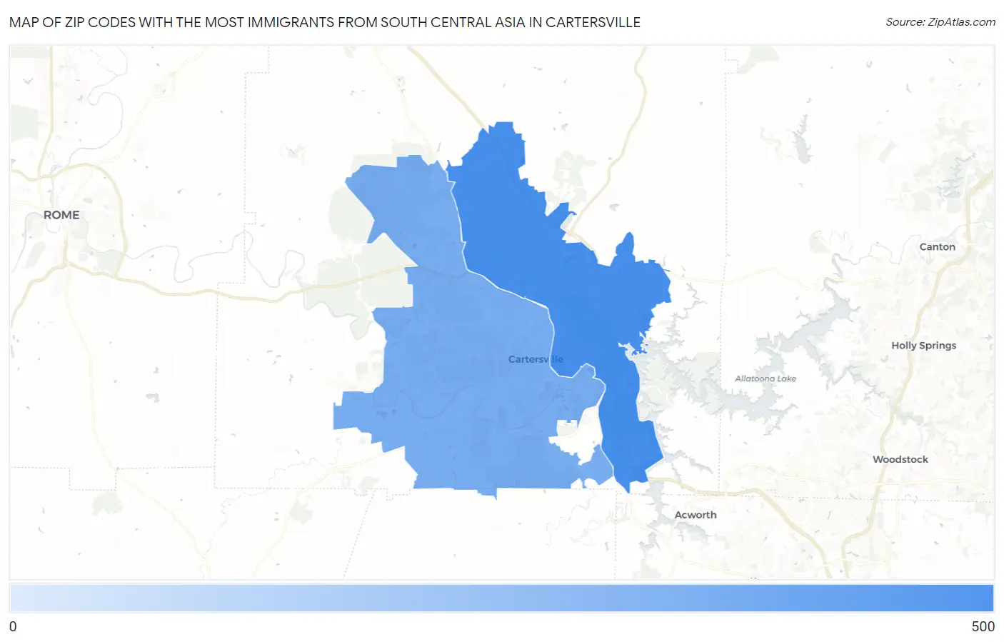 Zip Codes with the Most Immigrants from South Central Asia in Cartersville Map