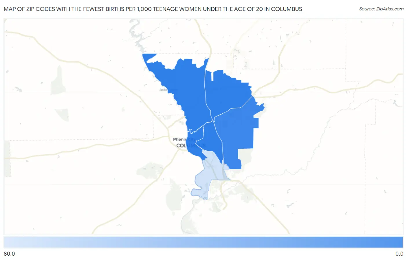 Zip Codes with the Fewest Births per 1,000 Teenage Women Under the Age of 20 in Columbus Map
