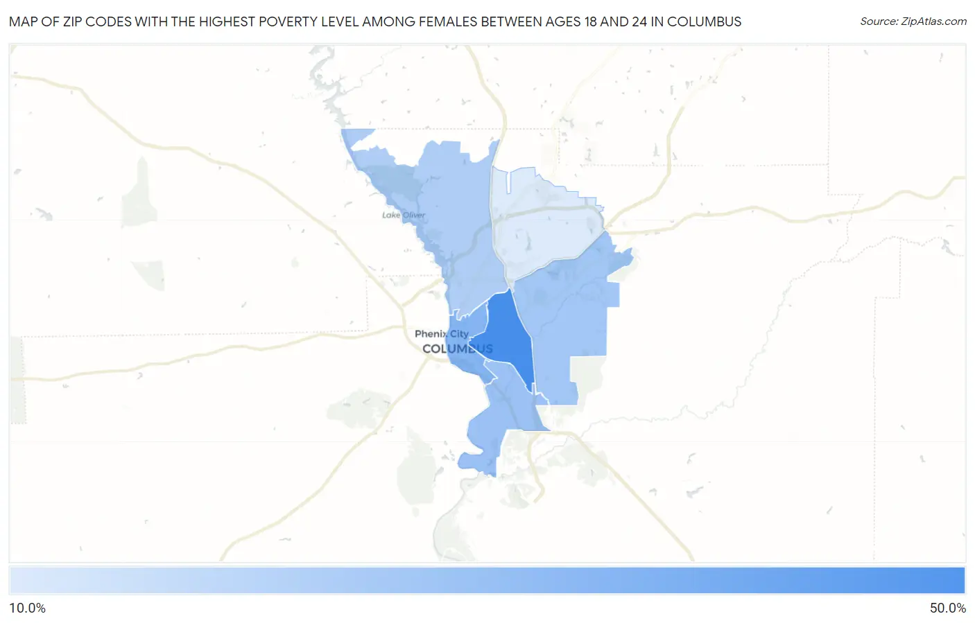 Zip Codes with the Highest Poverty Level Among Females Between Ages 18 and 24 in Columbus Map