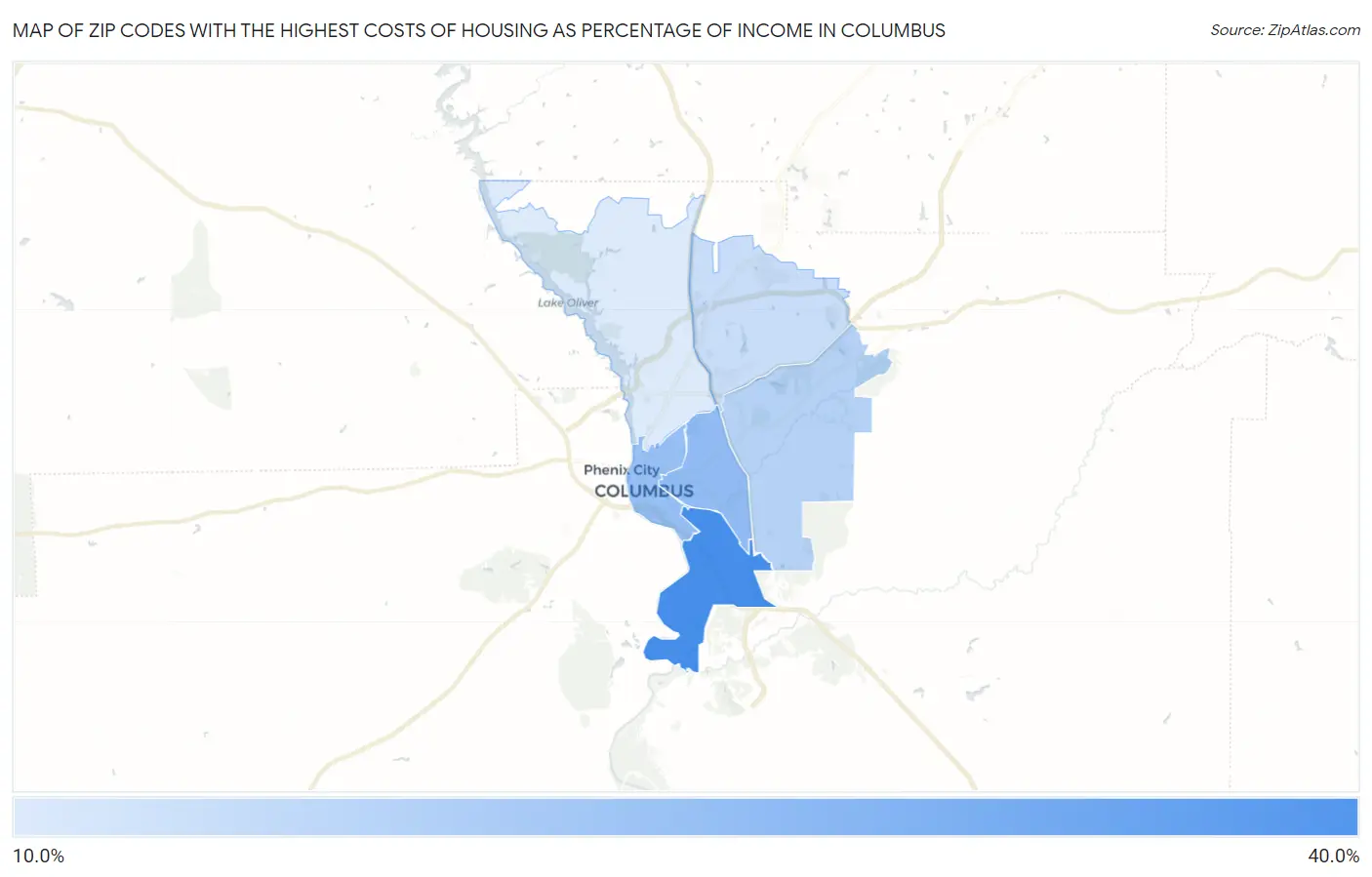 Zip Codes with the Highest Costs of Housing as Percentage of Income in Columbus Map