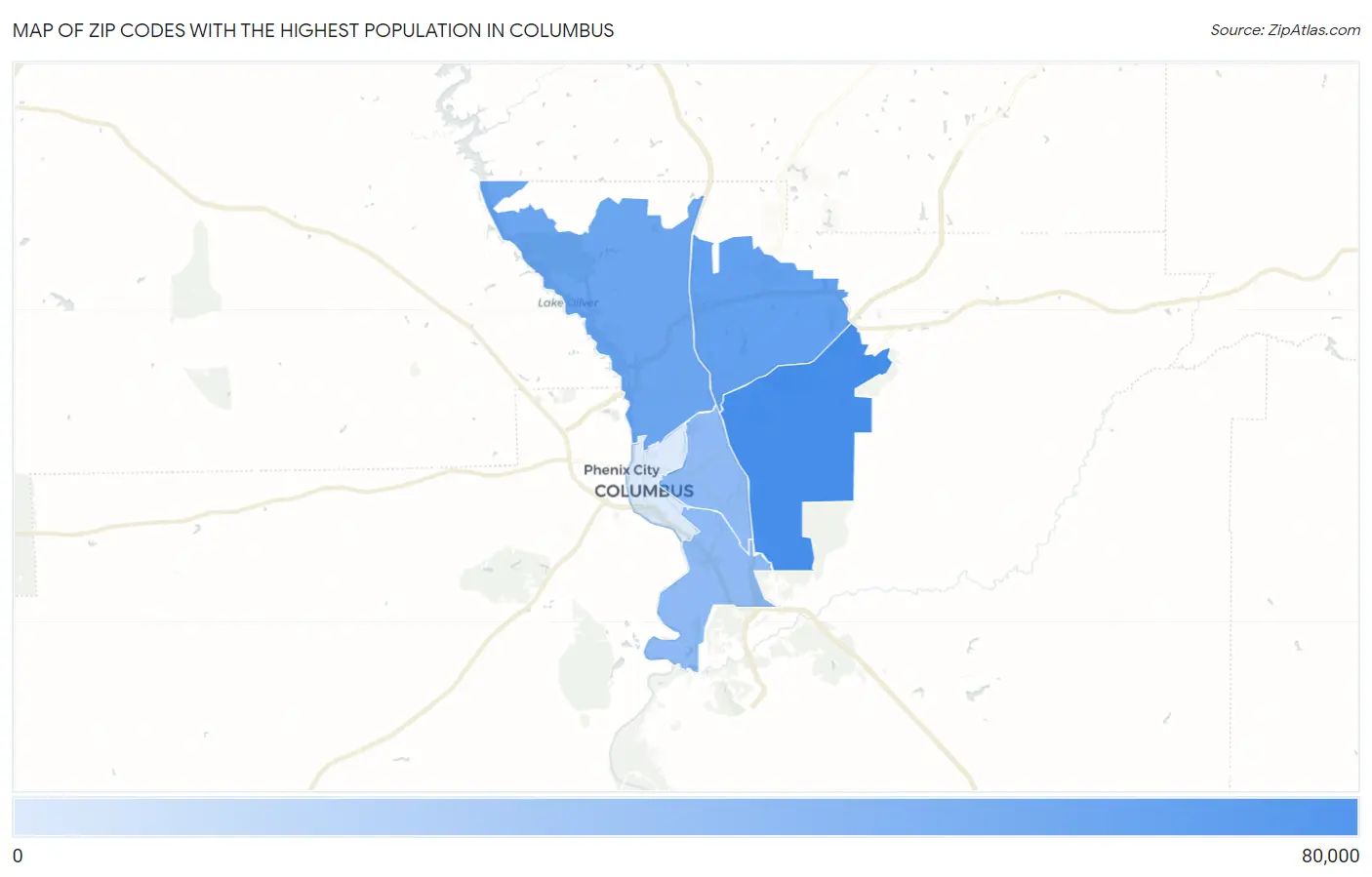 Zip Codes with the Highest Population in Columbus Map