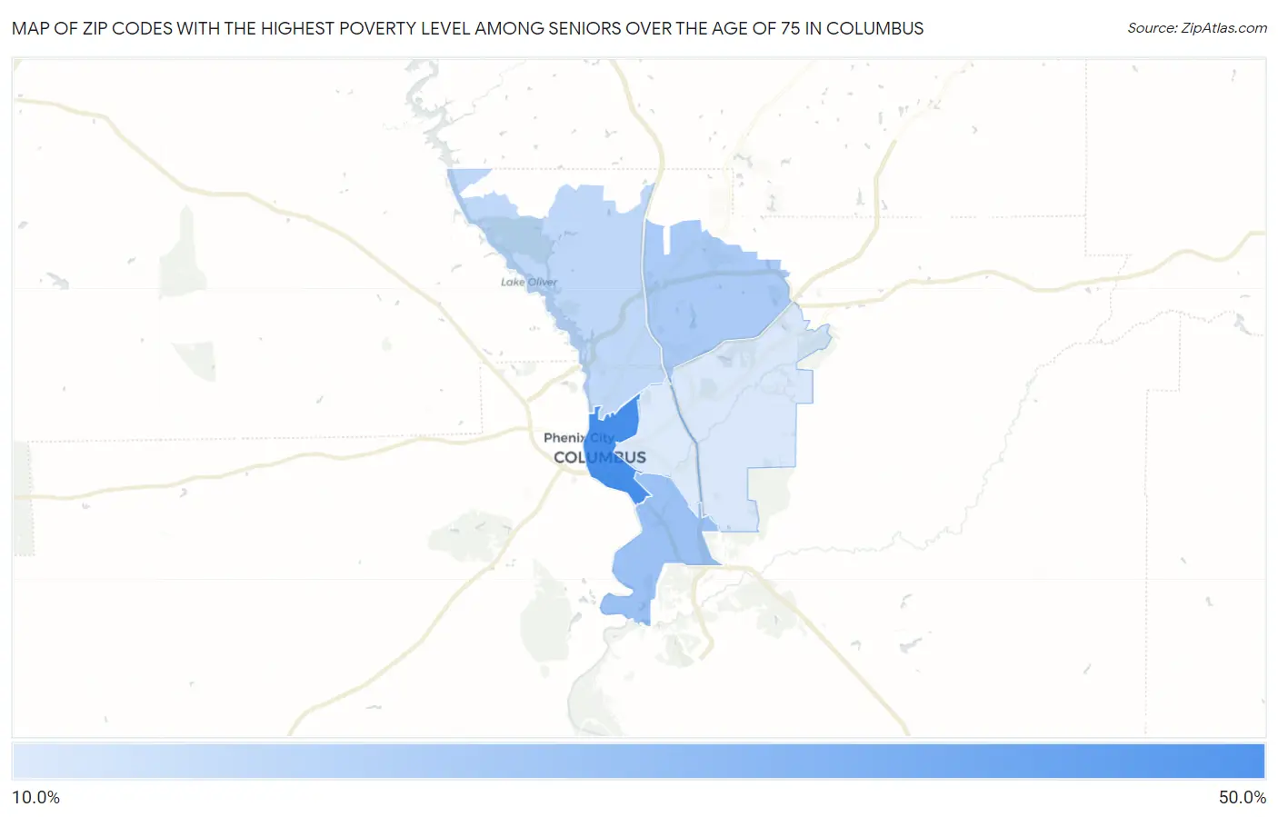 Zip Codes with the Highest Poverty Level Among Seniors Over the Age of 75 in Columbus Map