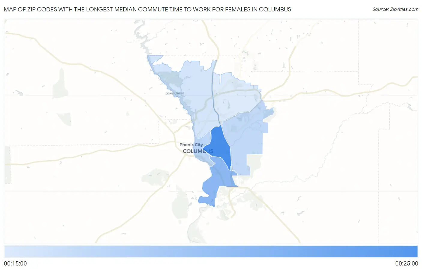 Zip Codes with the Longest Median Commute Time to Work for Females in Columbus Map