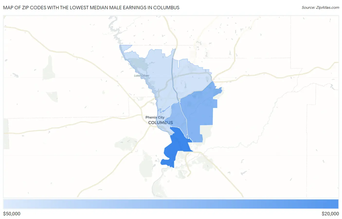 Zip Codes with the Lowest Median Male Earnings in Columbus Map