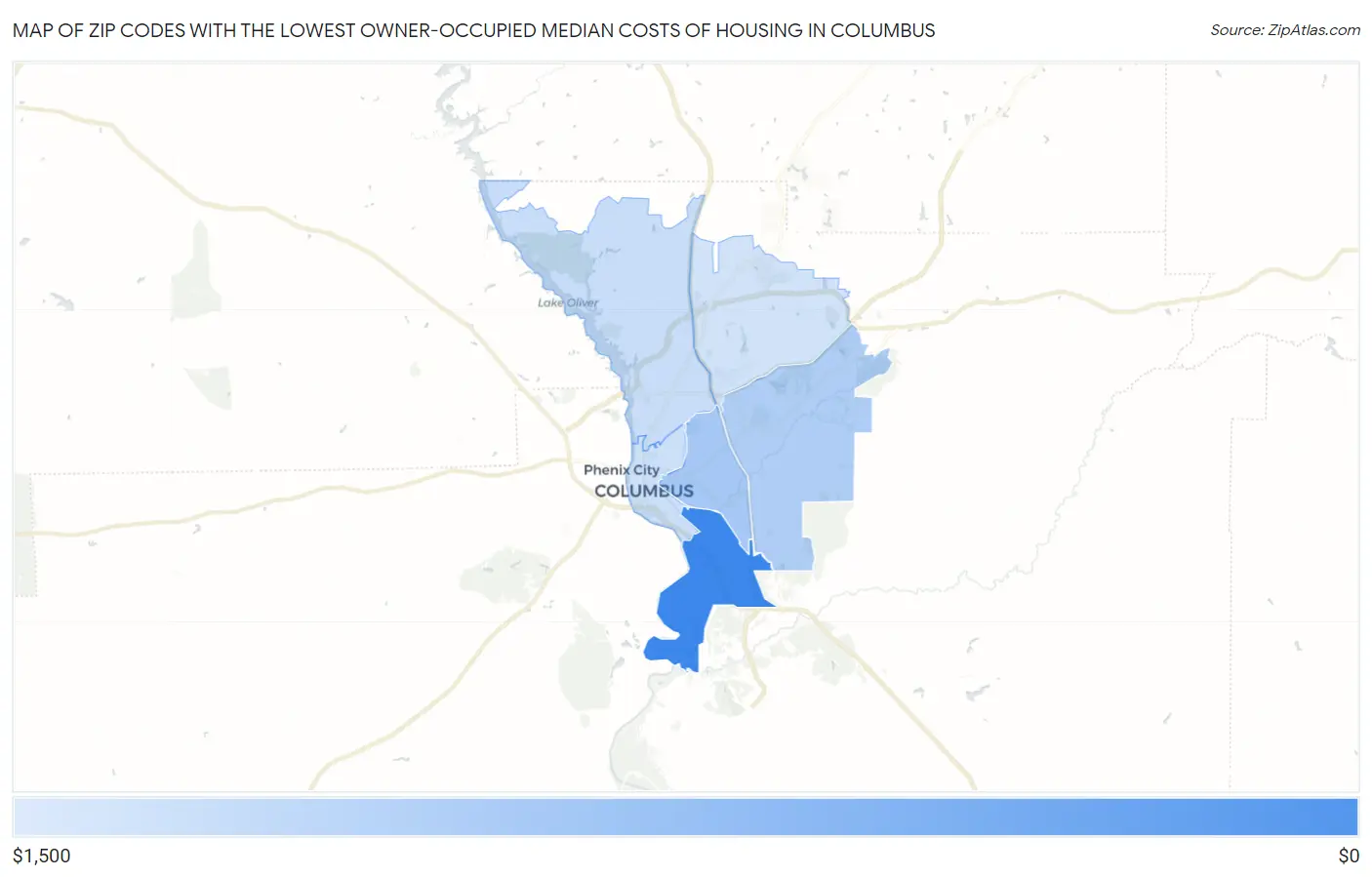 Zip Codes with the Lowest Owner-Occupied Median Costs of Housing in Columbus Map